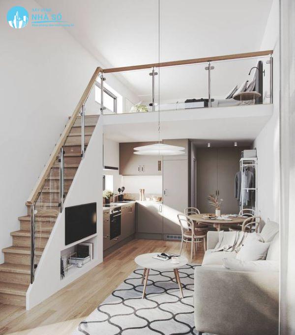 Mẫu nhà cấp 4 có gác lửng 4x16 tươi sáng