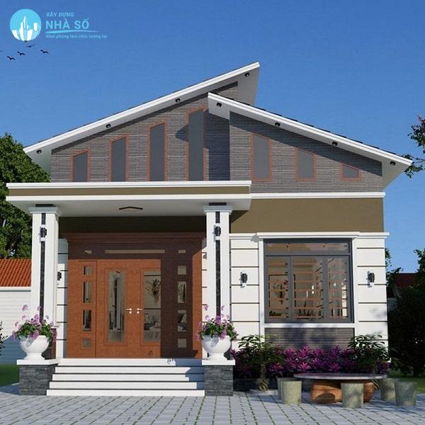 Mẫu nhà cấp 4 mái lệch 3 phòng ngủ theo tone màu ấm