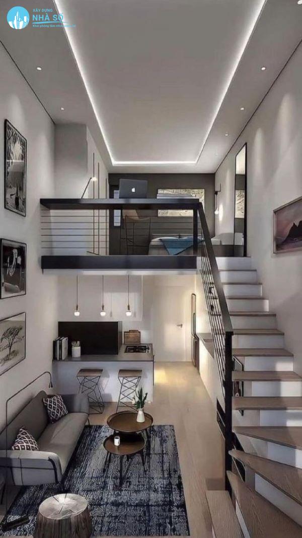Mẫu nhà cấp 4 có gác lửng 5x15 tone trầm