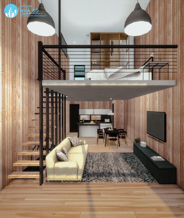 Mẫu nhà cấp 4 có gác lửng 5x15 mộc mạc