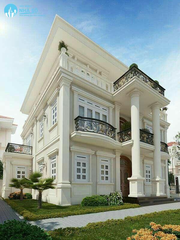 Mẫu biệt thự cổ điển 3 tầng theo tone màu tươi sáng