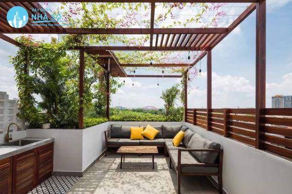 Mẫu tầng thượng với thiết kế gỗ và cây xanh cực kỳ chill