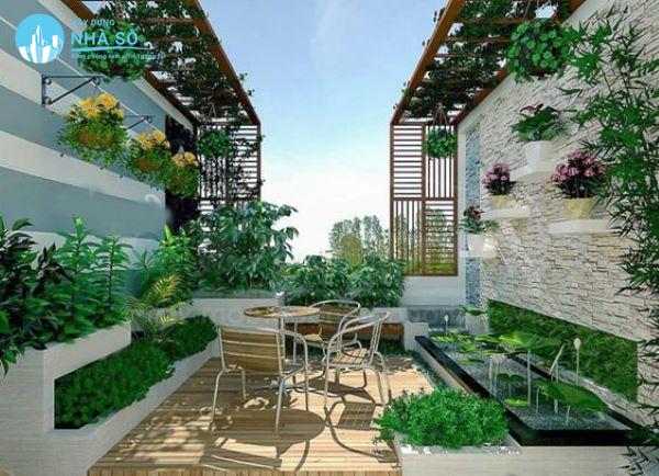 Mẫu tầng thượng hòa mình vào thiên nhiên với cây xanh và hoa là chủ đạo