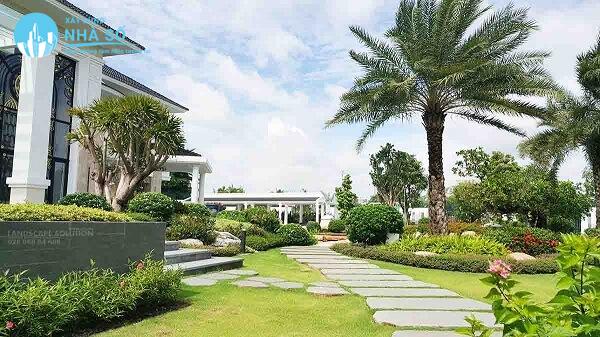 Sân vườn biệt thự với thiết kế sử dụng cây cảnh, hoa tạo nên sân vườn đẹp và hiện đại
