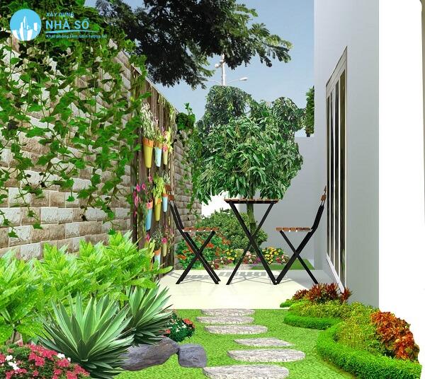 Thiết kế sân vườn mini biệt thự kết hợp với tường sân vườn tạo nên vẻ đẹp cho nhà