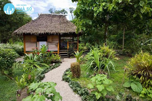 Thiết kế sân vườn nông thông dùng cây cảnh nhỏ và hoa là điểm nhấn cho sân vườn